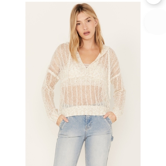 Cleo + Wolf Tops - Cleo + Golf Women's V-neck Pull-over Hooded Sweater Open Knit Design